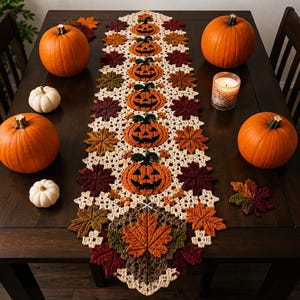 May include: A long, rectangular crochet table runner featuring a repeating pattern of orange jack-o'-lanterns with black facial features, surrounded by a cream-colored lace border and various autumn-colored leaves in shades of red, brown, and gold.