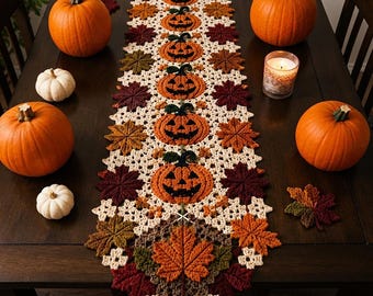 Crochet Table Runner Pattern, Autumn Pumpkins, Maple Leaves, Fall Decor (PDF Pattern)