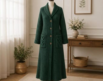 Long Ribbed Crochet Coat Pattern, Shawl Collar Cardigan PDF, Cable Pockets (Digital Download)