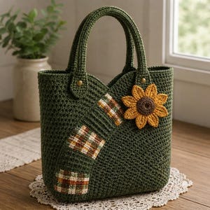 Puede incluir: Un bolso de ganchillo verde oscuro con un asa estructurada, una banda diagonal con un patrón de cuadros marrón, blanco y verde, y una gran aplicación de girasol amarillo texturizado con un centro marrón oscuro en el panel frontal.