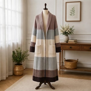 Könnte beinhalten: Eine lange, offene Strickjacke mit gerippter Textur und horizontalen Farbblockstreifen in Braun-, Hellblau- und Cremetönen. Das Kleidungsstück verfügt über einen Schalkragen und zwei aufgesetzte Vordertaschen und wird auf einer Schneiderpuppe präsentiert.