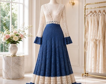 Crochet Lace Maxi Dress Pattern, Deep V Neck, Bell Cuffs, Ivory Navy (Digital Download)