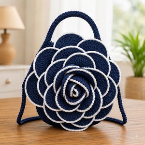 Può includere: Una borsa all'uncinetto blu scuro a forma di grande fiore con petali stratificati. Ogni petalo è delineato da un sottile bordo bianco, creando un netto contrasto con il filato blu intenso. La borsa presenta un manico superiore e una tracolla.