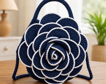 Navy Layered Rose Crochet Handbag Pattern, 3D Floral Purse PDF