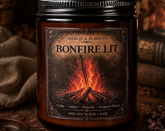 Kerze mit Lagerfeuer-Motiv | Geschenkidee für Gamer | Handgegossene Sojakerze | Deko fürs Spielzimmer | Fandom | Soulslike-inspirierte Geschenke