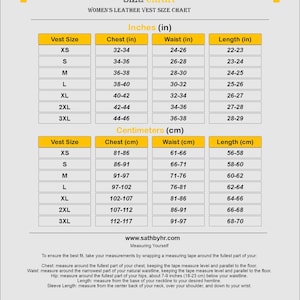 May include: A size chart for a leather vest with columns for vest size, chest, waist, and length in inches and centimeters. It includes rows from XS to 3XL and instructions on how to measure your chest, waist, hip, and sleeve length for a proper fit.