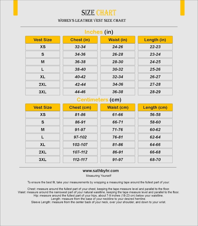 May include: A size chart for a leather vest with columns for vest size, chest, waist, and length in inches and centimeters. It includes rows from XS to 3XL and instructions on how to measure your chest, waist, hip, and sleeve length for a proper fit.