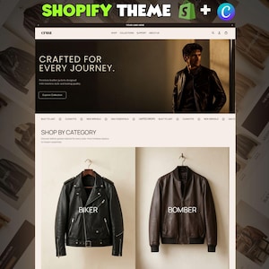 May include: A Shopify website theme layout featuring a black leather biker jacket and a brown leather bomber jacket. The page includes the text "CRAFTED FOR EVERY JOURNEY," "SHOP BY CATEGORY," "BIKER," and "BOMBER" alongside a navigation menu.