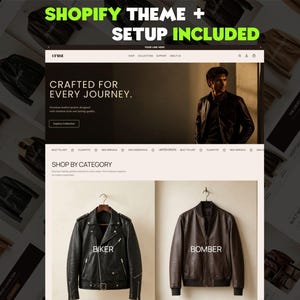 May include: A Shopify website template display featuring a black leather biker jacket and a brown leather bomber jacket. The header text reads "CRAFTED FOR EVERY JOURNEY" and "SHOP BY CATEGORY" with "BIKER" and "BOMBER" labels below the jackets.