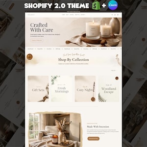 May include: A Shopify 2.0 website theme template featuring a neutral color palette with beige and cream tones. The layout displays product collections including Gift Sets, Fresh Mornings, Cozy Nights, and Woodland Escape, with text headers like Crafted With Care and Made With Intention.