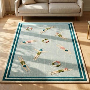 Hand Tufted Swimming Pool Rug, Aqua Blue Wool Area Rug, Swimmer Pool Carpet, Teal Border, Modern Artistic Home Decor, 8x10 FT,9x12,12x12,