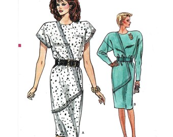 Vogue 9832 Dress Pattern - Very Easy, Very Vogue Size 8 10 12 Dress with Assymetrical Front Overlay, Shoulder Pads, UNCUT