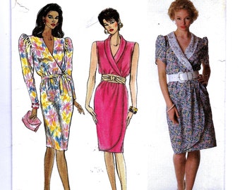 Simplicity 9745 Mock Wrap Dress Pattern Size 16 18 20 22 24, Knee Length, Slim Skirt, V Neck Shawl Collar, Sleeveless or Puff Sleeve UNCUT