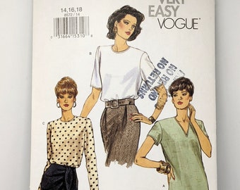 Vogue 8572 Blouse Pullover Top Pattern Misses Size 14 16 18, Shoulder Pads, Very Easy Very Vogue, CUT PATTERN