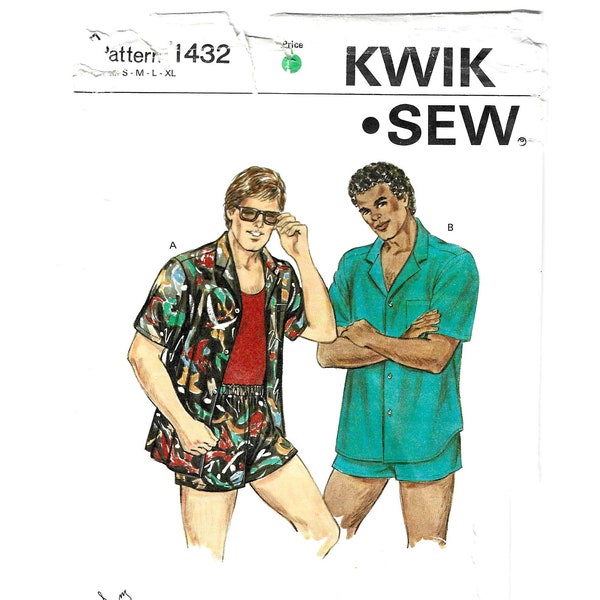 Kwik Sew 1432 Men's Shorts, Swim Trunks and Shirt Beach Wear Pattern, S M L XL, UNCUT, Vintage 1980s, by Kerstin Martensson