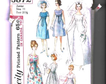 Vintage MCM Wedding Dress Bridal & Bridesmaid Gown Pattern Simplicity 5872 Junior Size 11 Bust 31, Cut Complete, Empire Waist, 1960s