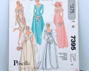 Priscilla Wedding Gown Prom Dress, Pattern McCalls 7395 Size 8, Vintage 80s Bridesmaid & Bridal Dress with V Neckline, Off Shoulder