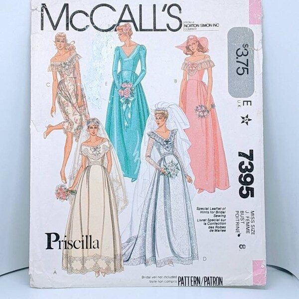 Priscilla Wedding Gown Prom Dress, Pattern McCalls 7395 Size 8, Vintage 80s Bridesmaid & Bridal Dress with V Neckline, Off Shoulder