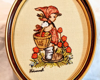 Hummel Hand-Stitched Crewel Embroidery Wall Art, Girl with Basket and Flowers, Framed 9 x 12" Vintage Needlework, Oval Frame No Glass