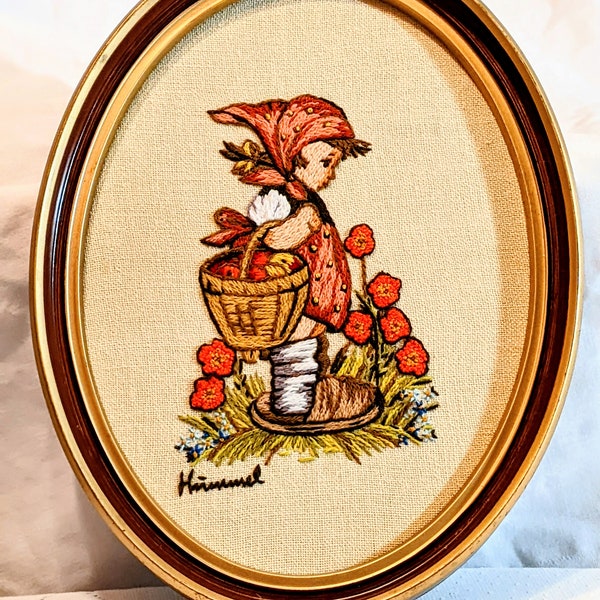 Hummel Hand-Stitched Crewel Embroidery Wall Art, Girl with Basket and Flowers, Framed 9 x 12" Vintage Needlework, Oval Frame No Glass