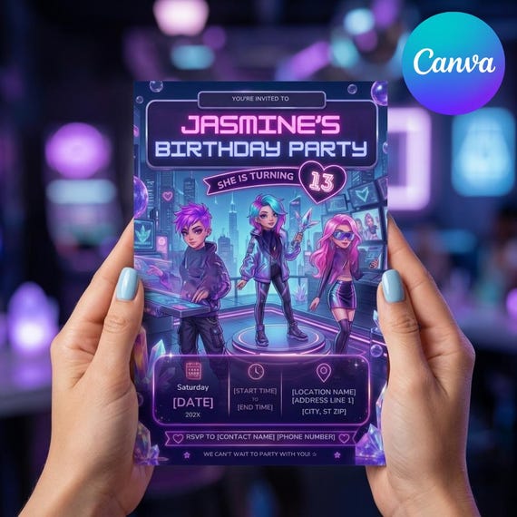 Kpop Birthday Invitation Template, Editable Canva Invitation, Neon Gamer Party Invite, Futuristic Teen Birthday, Digital Download