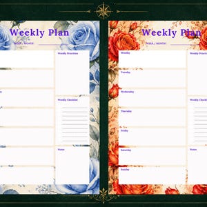 Pacchetto di 20 pagine per agenda settimanale Vintage Rose, pagine stampabili per blocco note settimanale da scrivania, inserto per programma settimanale botanico, tracker di attività floreali in PDF