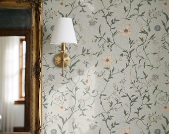 Floral Wallpaper with Sage Green Vines and Blue Flowers | Peel and Stick