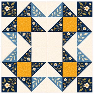 Könnte beinhalten: Ein quadratisches Quiltblock-Muster, bestehend aus einem Raster von sechzehn Quadraten. Das Design kombiniert marineblauen Stoff mit weißen Blumen- und Blattdrucken, strukturierten senfgelben Stoff und hellblauen Stoff mit cremefarbenen Blattmustern.
