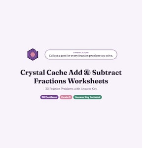 以下が含まれることがあります： Maple & Moss Canada Co.による「Printable Math Worksheets」と題されたデジタル文書。5年生向けのCrystal Cache分数加減算ワークシートで、30問の練習問題と解答キーが含まれており、紫色の宝石のアイコンが描かれています。