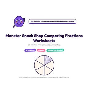 Puede incluir: Una hoja de ejercicios de matemáticas imprimible titulada Monster Snack Shop Comparing Fractions Worksheets de Maple & Moss Canada Co. Incluye un personaje de monstruo morado llamado Nibbles, 30 problemas, una etiqueta de grado 3 y una clave de respuestas.