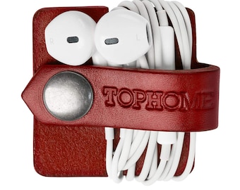 TopHome--Earphone Headphone Organizer USB Cable Holder Handmade Italian Leather Genuine Leather
