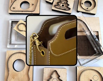 May include: A collection of wooden leather cutting dies with metal blades in various shapes, including trees and circles, surrounding a central image of a tan leather bag with white stitching and a gold-toned metal lobster clasp.