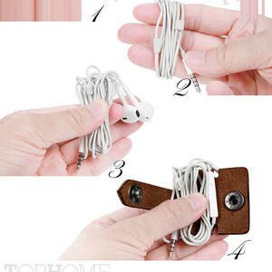 May include: A five-step guide on how to use a brown leather earphone holder with a metal button. The holder has the word "TOPHOME" embossed on it.