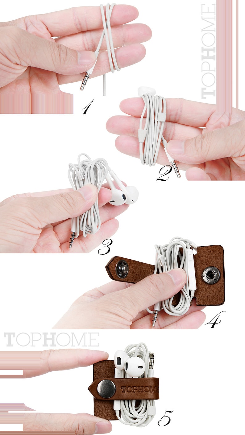 May include: A five-step guide on how to use a brown leather earphone holder with a metal button. The holder has the word "TOPHOME" embossed on it.