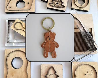 Leather Cutting Die, Full Body Stitched Teddy Bear Keychain Mold, DIY Vintage Veg Tan Leather Cute Bear Keyring Charm Template