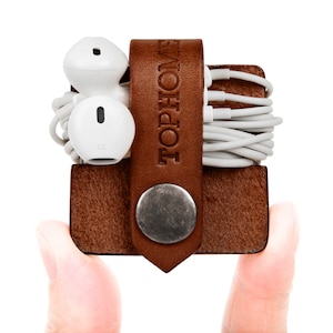 Leather USB Earphone Organizer Cable Wrap Earbud Holder Cord Organizer Phone Cable Organizer Handmade Italian Genuine Leather