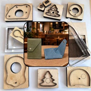 May include: A collection of wooden cutting dies with metal blades in various shapes, surrounding a central image of an olive green leather card holder and a blue leather card holder, both featuring a single metal snap button closure.