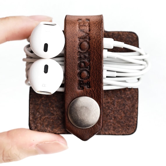 TopHome--Earphone Headphone Organizer USB Cable Holder Handmade Italian Leather Genuine Leather