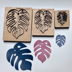 May include: A selection of leaf-shaped die cuts and wooden die cutting tools. The wooden tools are labelled "TopHome" and have measurements of 120mm, 90mm, and 50mm. The die cuts are in blue and pink.