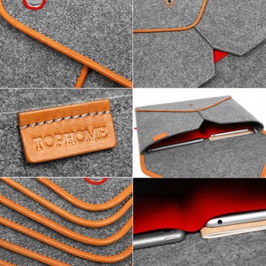 May include: Grey felt laptop sleeve with orange trim and a leather tag that says "TOPHOME". The interior is red. The sleeve has a button closure and is designed to hold a tablet and notebook.