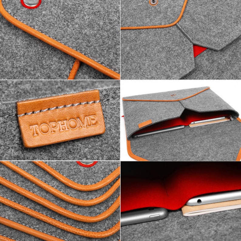 May include: Grey felt laptop sleeve with orange trim and a leather tag that says "TOPHOME". The interior is red. The sleeve has a button closure and is designed to hold a tablet and notebook.