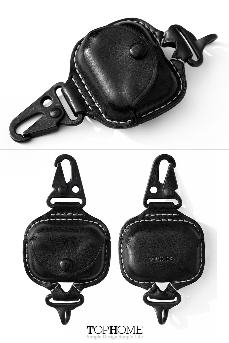 Op de afbeelding: Zwart leren etui met een karabijnhaak voor AirPods. De etui heeft witte stiksels en een TOPHOME-logo.