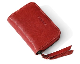 TopHome Zipper Card Wallet Genuine Leather Credit Card Holder Protector Zipper Wallet With 8 Card Leather Slots Father's Gifts -Red