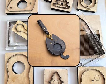 Leather Cutting Die, Cute Cat Shaped AirTag Holder Mold, DIY Black Full Grain Leather Kitty Tracker Protector Keychain Template