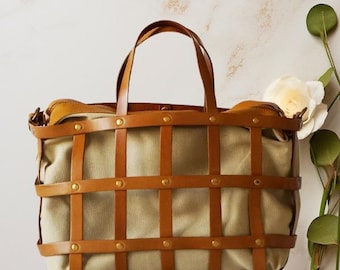 Vintage Vegetable Tanned Leather Grid Basket Tote Bag, Large Canvas Lined Handbag, Handmade Cowhide Crossbody Shopper Bag