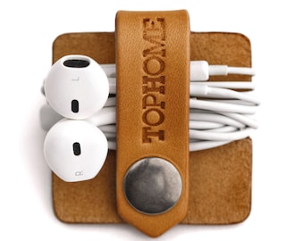 Leather USB Cable Organizer Cable Wrap Earbud Holder Cord Organizer Phone Cable Organizer Handmade Italian Genuine Leather