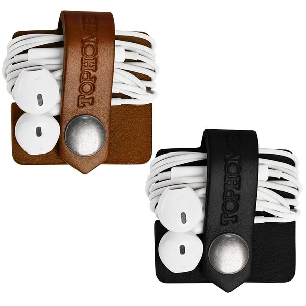 TOPHOME--- Earphone Organizer, Cord Organizer, Leather Cable Holder, Earbud Holder, Gifts, Italian Thick Leather Cord Winder