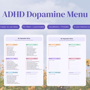 May include: An ADHD Dopamine Menu digital planner template featuring two white pages with purple text. The layout includes sections for Appetizers, Sides, Mains, and Desserts, with checkboxes for activity tracking. Includes 50 ready-to-use ideas.