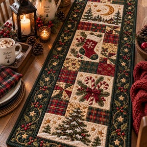 May include: A rectangular quilted table runner featuring a patchwork design with Christmas motifs including a crescent moon, a stocking, candy canes, and a pine tree. The border is dark green with embroidered holly leaves and red berries.