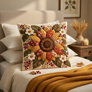 May include: A square throw pillow featuring a central three-dimensional sunflower design with layered fabric petals in shades of yellow, orange, and red. The pillow includes embroidered green leaves, small white flowers, and clusters of red berries.